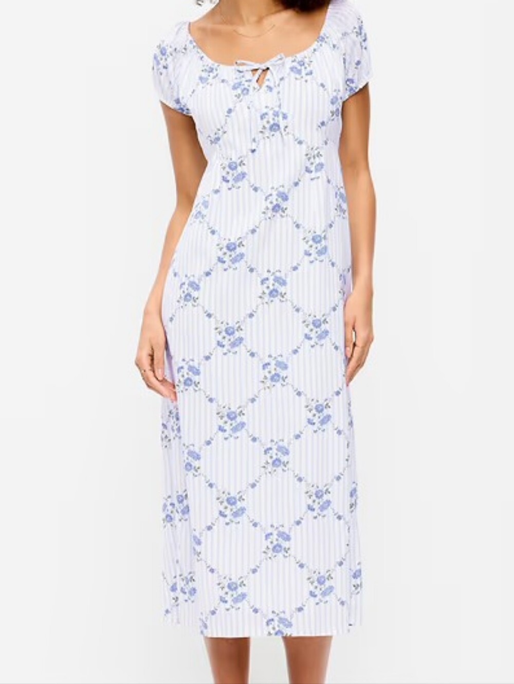 NWT - Old Navy Short Sleeve Scoop-Neck White/Blue Floral Midi Dress -Size M Tall